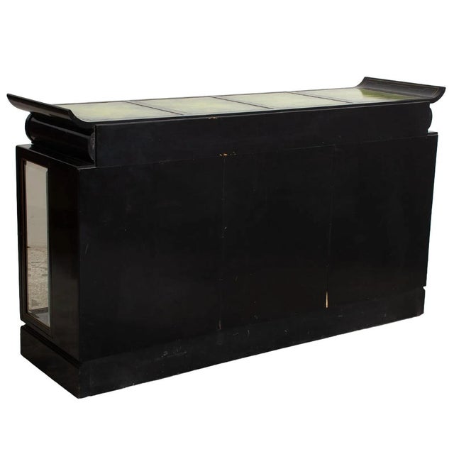 Black Black Lacquered & Gilt Decorated Details /Green Leather Top Sideboard / Server For Sale - Image 8 of 12