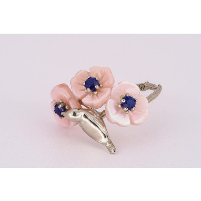 Bird on Branch Ring With Sapphires in 14k Solid Gold For Sale - Image 4 of 8