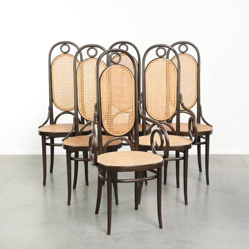 Vintage Long John High Back Bentwood Chairs with Webbing Seats from Thonet, Set of 6 For Sale - Image 17 of 17