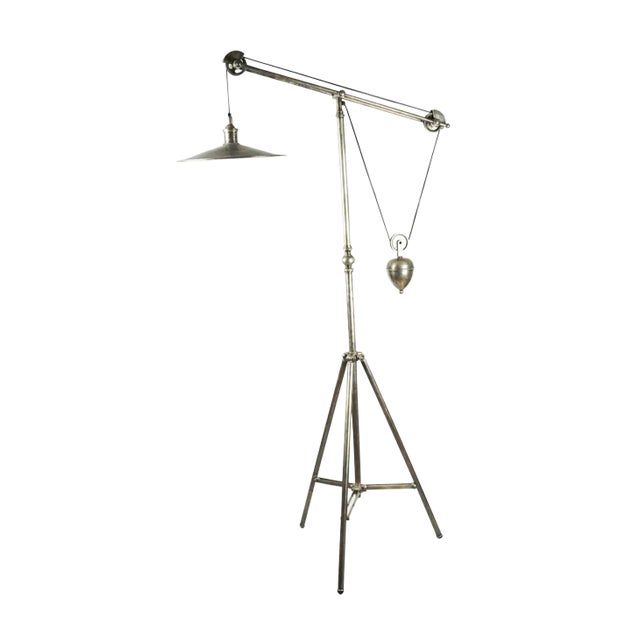 1950s French Mid-Century Modern Industrial Style Tripod Floor Lamp With Counter Weight For Sale