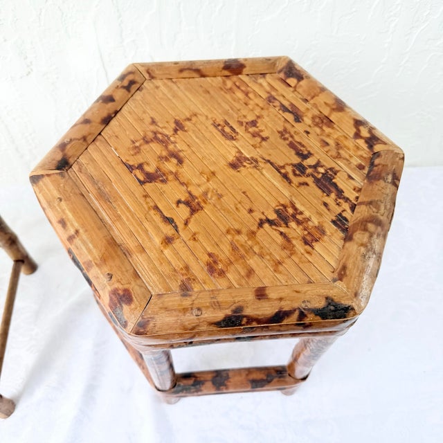 Wood Burnt Tortoise Shell Finished Bamboo Accent Tables - Set of 2 For Sale - Image 7 of 9