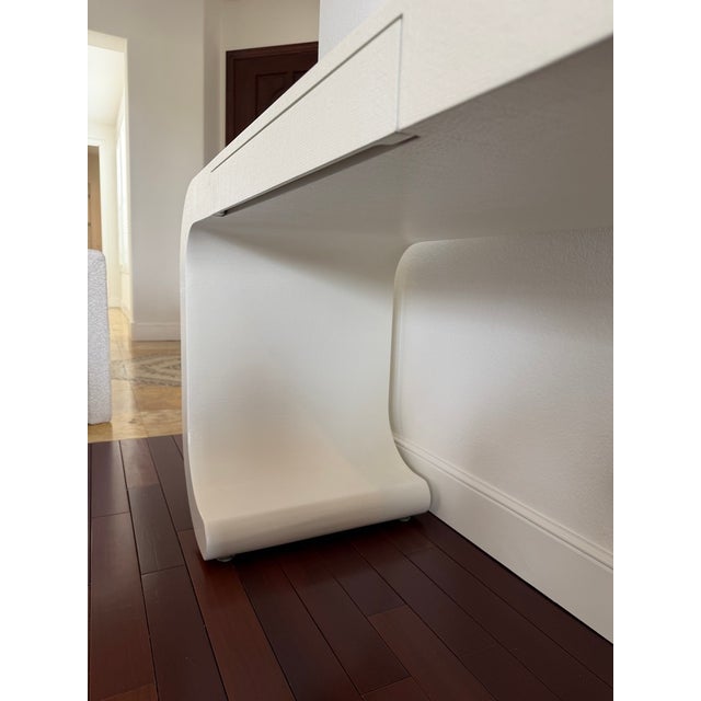 Modern Made Goods Modern Cream Raffia Desk / Vanity With Bouclé Accent Chair – Sculptural Set For Sale - Image 3 of 12