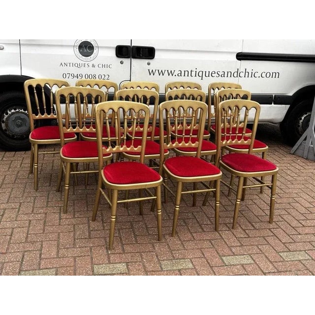 12 Cafe / Events Louis Style Gold Gilt Wooden And Upholstered Dining Chairs Sizes 87 cms tall, 41 cms wide at neck rail,...