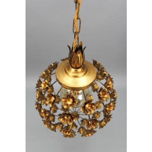Hollywood Regency Style Gilt Metal Floral Sphere Pendant Light, Italy, 1970s For Sale - Image 18 of 18