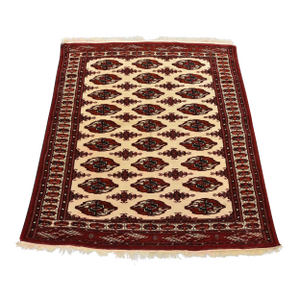 Turkmen Rug 4'4'' X 4'8'' Ivory Wool Vintage Tribal Hand-Knotted Oriental Carpet