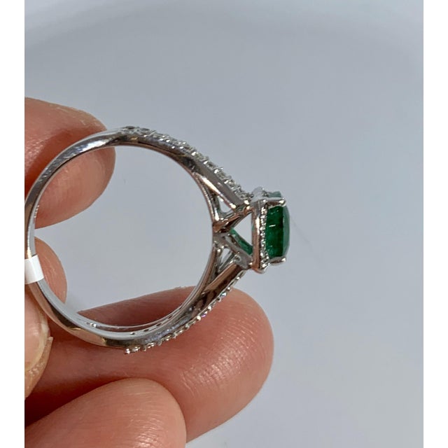 1.3 Carat Cushion Cut Emerald and 1.2 Carat Diamond Ring 14 Karat White Gold For Sale - Image 13 of 18