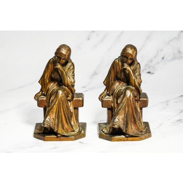 Rare Antique Bertolini Clemente “Pensive” Bronze Woman Figural Sculpture Statue Bookends Ovington New York Luxury Home Decor Art For Sale - Image 4 of 18