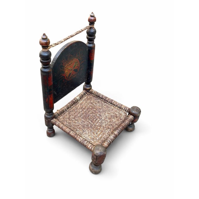 Folk Art Antique Afghan / Nuristani Folk Art Chair, Hand-Painted Polychrome Wood & Woven Seat For Sale - Image 3 of 12
