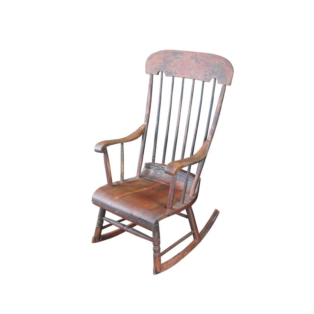 Antique Early American Country Farmhouse Windsor Hitchcock style slat back rocking armchair. Likely an old Boston...