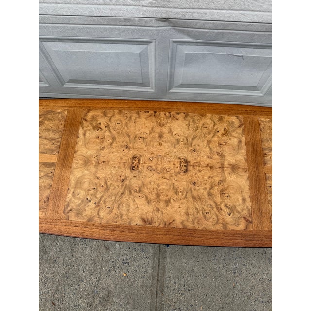 Vintage Mid-Century Modern Burl Wood Coffee Table With Inlaid Top, Tapered Legs and Brass Feet For Sale - Image 10 of 12