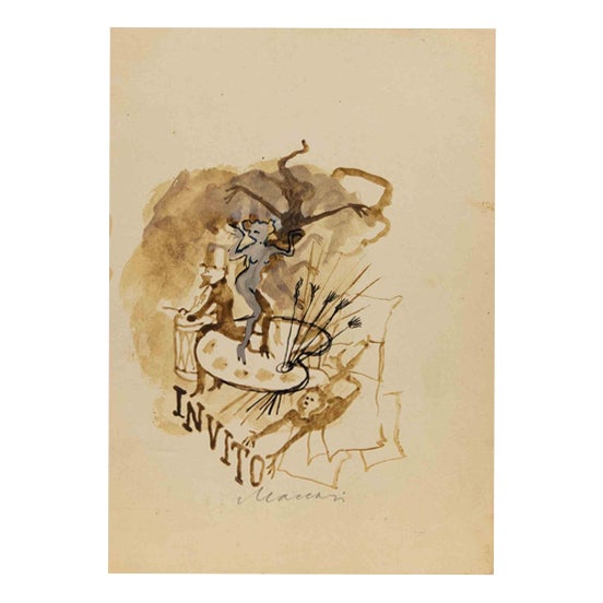 Mino Maccari, Invitation, Nude, 1950, Watercolor For Sale