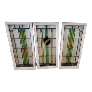 Antique Set of Three Stained Glass Windows Victorian Deco