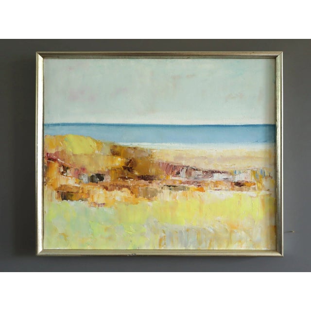 SHORELINE LIGHT Size: 15.7 x 18.9 inches (including frame) Oil on canvas A mid-century coastal landscape painting that...