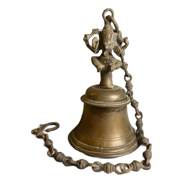 Antique Bronze Ganesha Temple Hanging Bell 10" 5lbs+ w/ Custom 24" Brass Chain For Sale