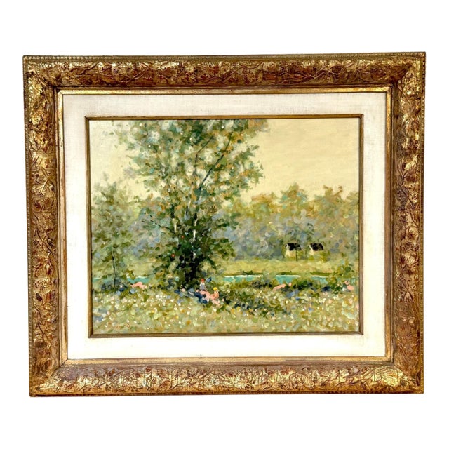 Maurice Monnard Impressionist Riverside Landscape with Seated Figures, 1970s For Sale