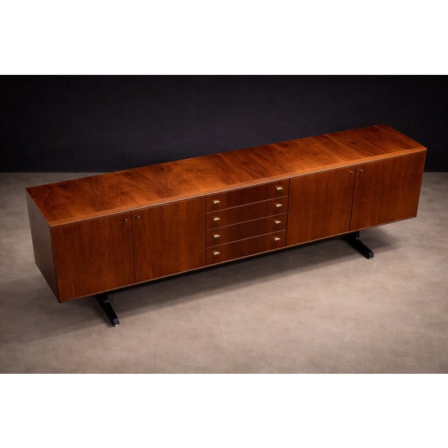 Cimo Brazilian Rosewood Credenza with Ebony-Finished Legs and Brass Hardware, Brazil, 1960s — Architectural Storage with Eight Compartments - Lot 319 For Sale - Image 13 of 17