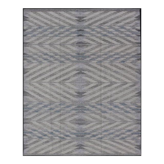 Scandinavian Flat-Weave Light Grey and Blue Rug by Keivan Woven Arts, 9'1 X 12'1 For Sale