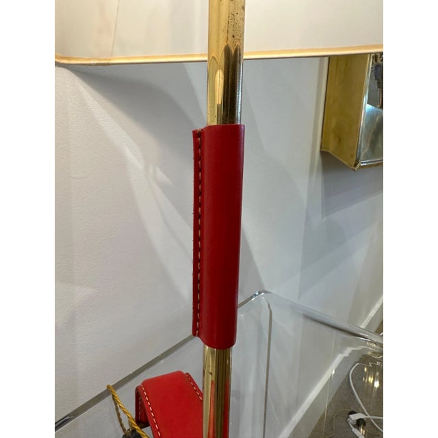 Mid-Century Modern Vintage Jacques Adnet Style Red Stitched Leather Table Lamps, 1950's France - a Pair For Sale - Image 3 of 12