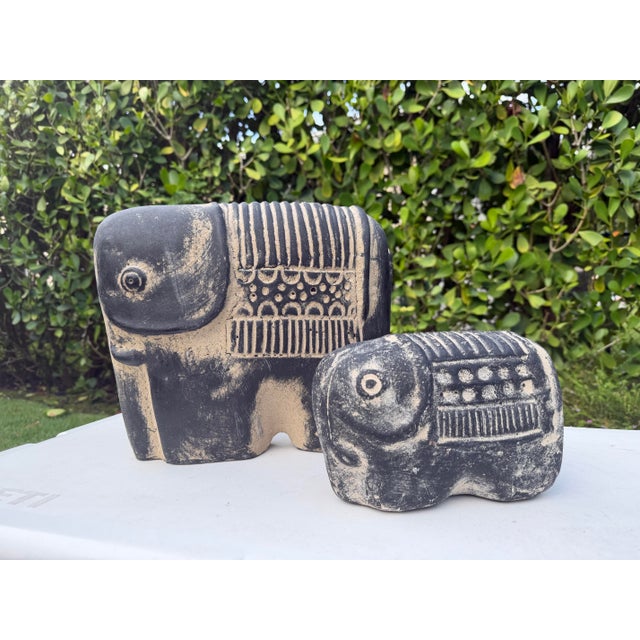 Contemporary Vintage Brutalist Blackwashed Terracotta Elephant Sculptures – Graduated Pair For Sale - Image 3 of 12