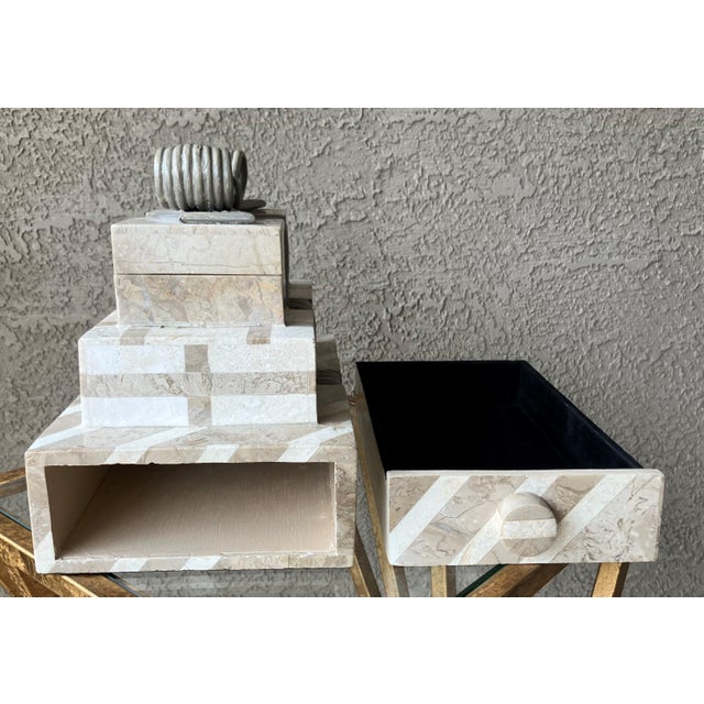 Wood Whimsical Circa 1980 Multi-Tier Tessellated Travertine Stone Jewelry Box by Renoir Designs For Sale - Image 7 of 18