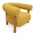 Modern unique mustard yellow poly upholstered accent chair. U-back design with sleek cylindrical oak wood post legs. Seat...