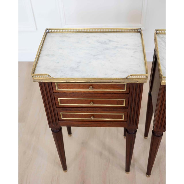 Pair of French 20th Century Louis XVI Style Marble-Top Bedside Tables For Sale - Image 4 of 9
