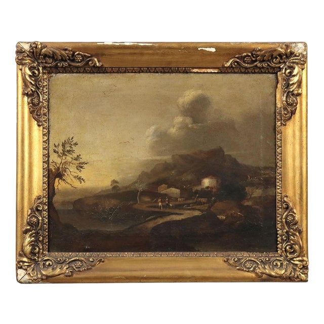 Landscape with Figures and Buildings, Oil Painting, Framed For Sale