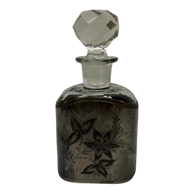 Antique Art Deco Sterling Silver Overlay Floral Glass Liquor Decanter For Sale