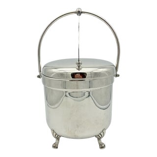 Early 20th Century Vintage F B Rogers Silver Plate Lidded Ice Bucket With Milk Glass Insert and Lion Feet For Sale