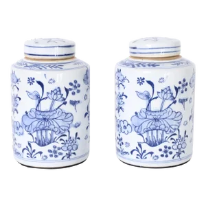 Pair of Blue and White Porcelain Lotus Ginger Jars