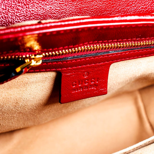 Gucci Gg Marmont Mini Beige Gg Canvas Red Leather Top Handle Bag For Sale - Image 9 of 13