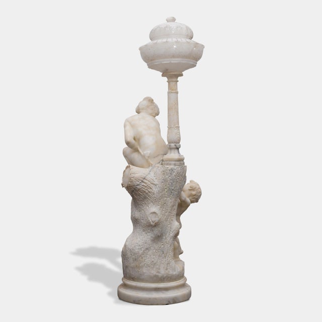 Stone Pair of Monumental Antique Italian Carved Alabaster Venus & Cupid Figural Torchiere Lamps on Black Marble Pedestals For Sale - Image 7 of 12