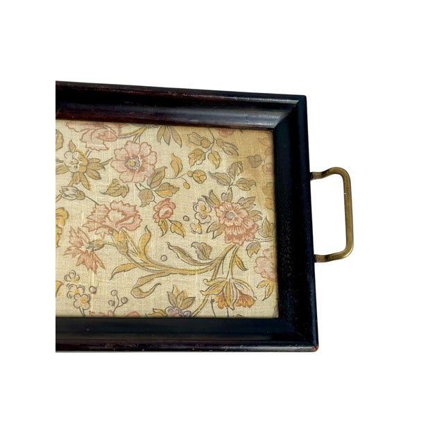 Wood Antique English Glass Top Wood Tray With Brass Handles and Brocade Fabric For Sale - Image 7 of 16