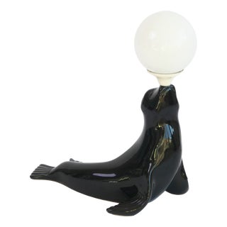 Mid-Century Black Ceramic Glazed Seal Table Lamp Lamp with White Globe, 1960s For Sale