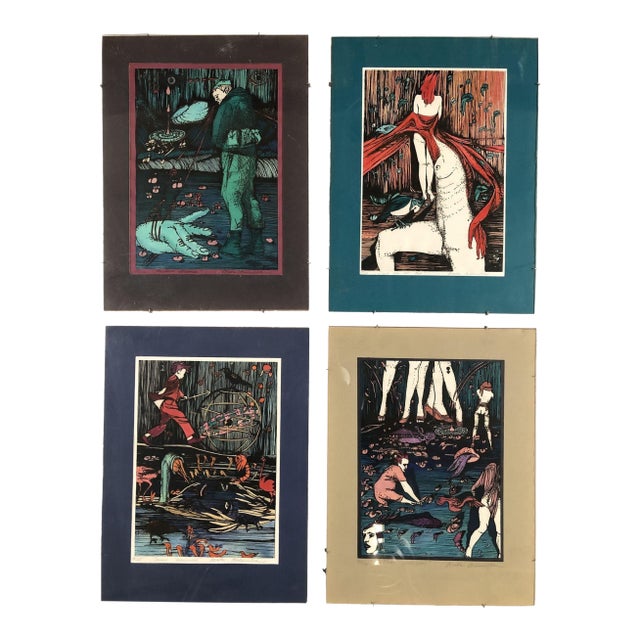 Hand-Colored Abstract Block Prints in Acrylic Frame by Beato P. Set of 4 For Sale