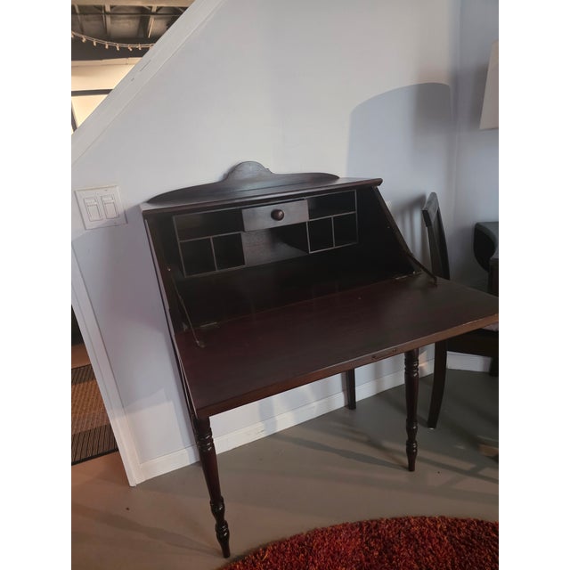 1970s Mahogany Slant-Front Desk With Turned Legs and Scalloped Apron For Sale - Image 4 of 12
