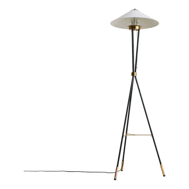 1950s Italian Tripod Floor Lamp with White Lacquered Shade For Sale