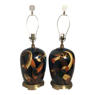 1980s Maitland Smith Hand Painted Modern Style Lamps - A Pair For Sale