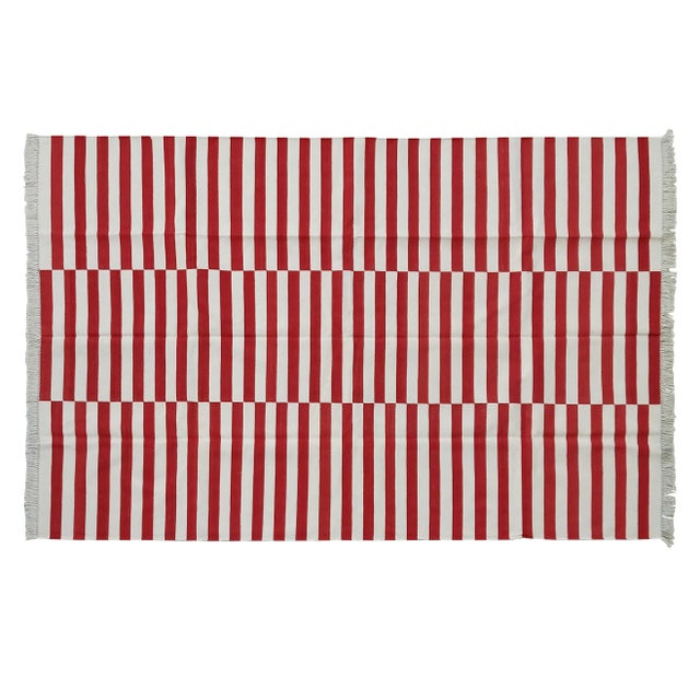 Handmade Cotton Striped Rug, Red And White 6'x9' For Sale - Image 6 of 7