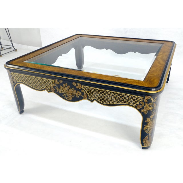 Drexel Gold Paint & Black Lacquer Base Burl Wood & Glass Top Coffee Table MINT For Sale - Image 9 of 14