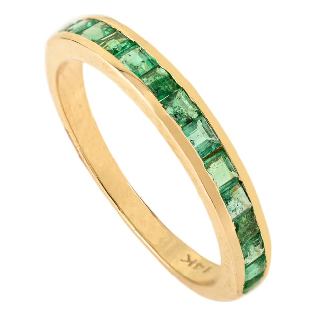 14k Yellow Gold Channel Set Square Emerald Band Ring Size 6 Gifts for the Hostess For Sale