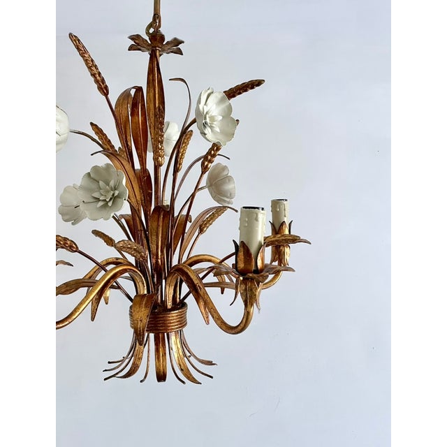 Gilt Tole Floral and Wheat Chandelier, 1960 For Sale - Image 10 of 18