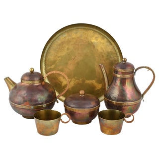 Vintage Brass & Copper Centrepiece and Tea Set by Harald Buchrucker, 1950s, Set of 6 For Sale