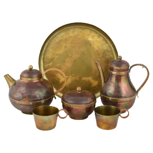 Vintage Brass & Copper Centrepiece and Tea Set by Harald Buchrucker, 1950s, Set of 6