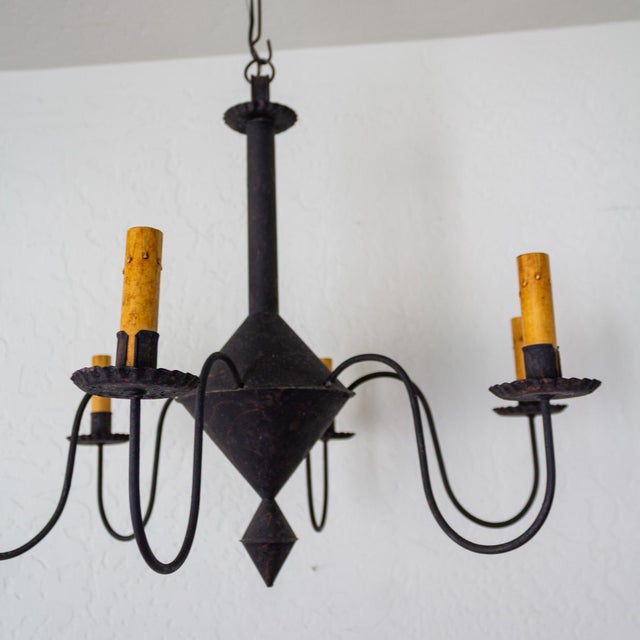 Black Tin Colonial Six Arm Chandelier in the Style of Richard D Scofield For Sale - Image 4 of 12