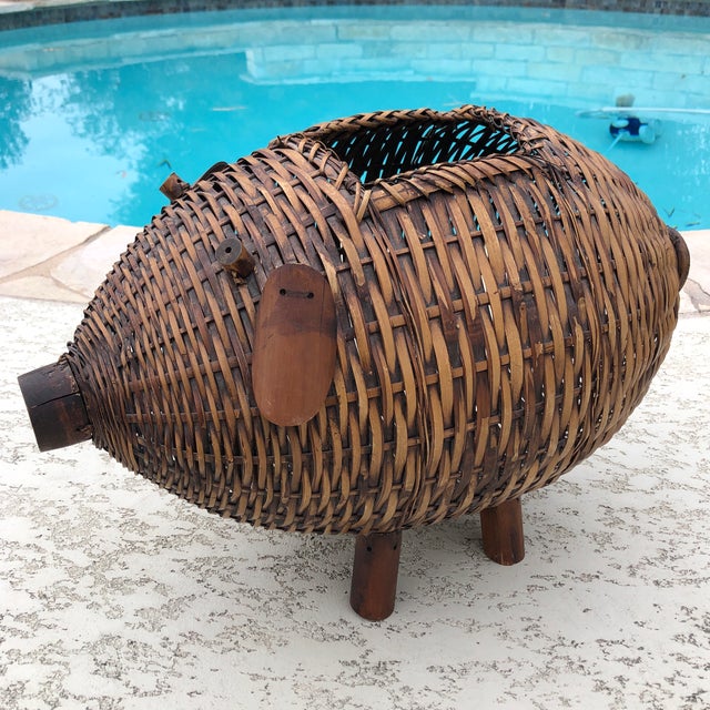 Mid Century Bamboo and Wicker Pig Basket Chairish