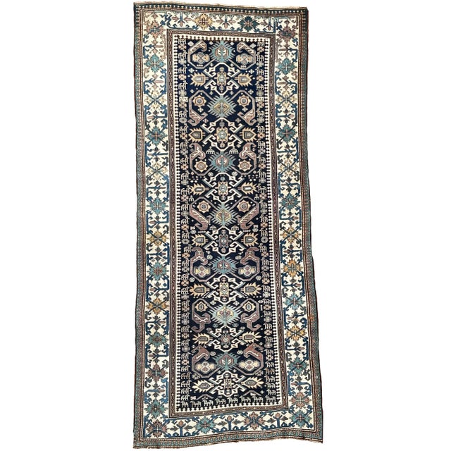 Caucasian Bijov Design Wool Runner with Navy, Aubergine, Teals 4.1 x 9.9 For Sale - Image 13 of 13