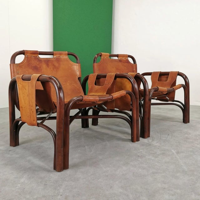 Set of Bamboo and Natural Leather Chairs by Tito Agnoli, 1970s, in Very Good conditions. Designed 1970 to 1979 This piece...