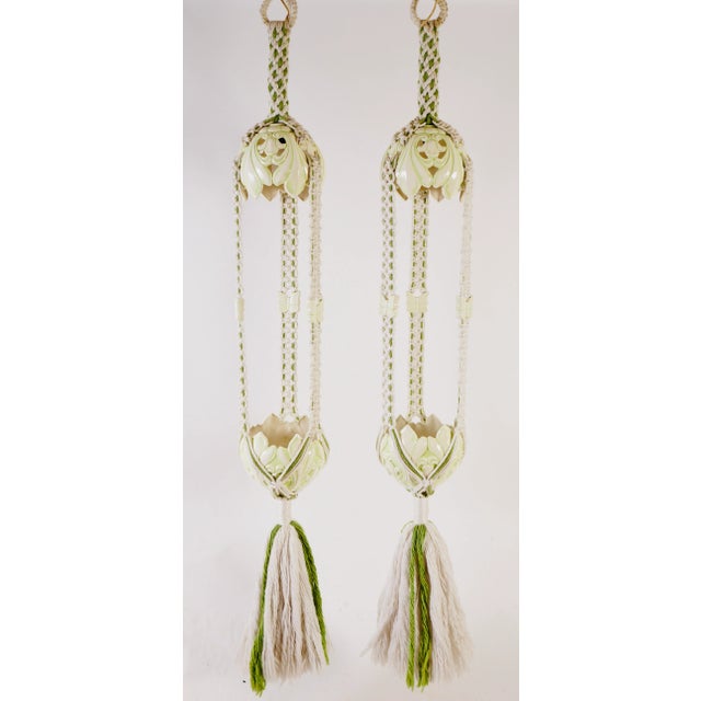 1970s Hanging Macrame Lamp With Planter Decorated With Butterflies Set of 2 For Sale - Image 13 of 13