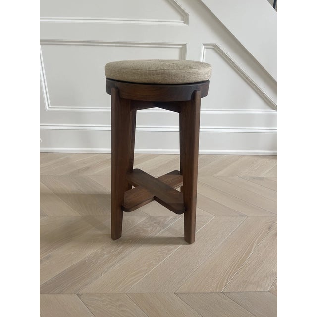 Mid-Century Modern Set of 3 Pierre Jeanneret Style Teak Bar / Counter Stool Replica For Sale - Image 3 of 9